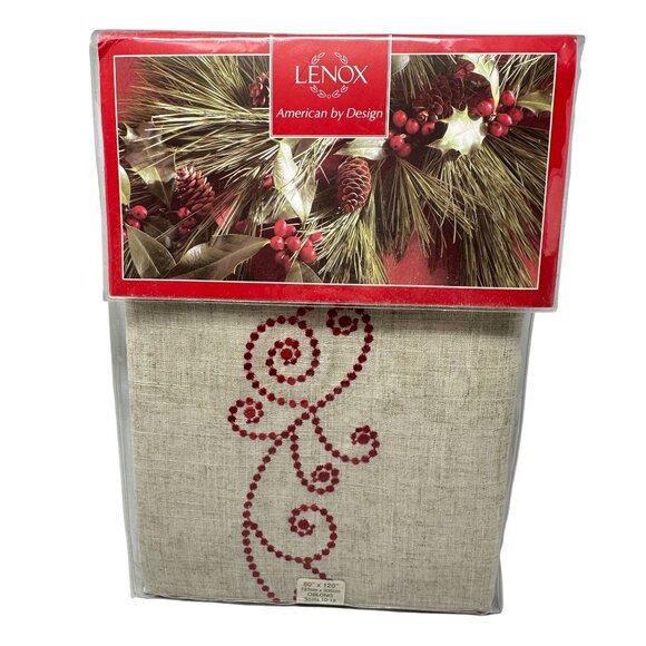 Lenox French Perle Tablecloth 60 X 120 Linen Cotton Blend Red Embroidery Oblong - Picture 1 of 7